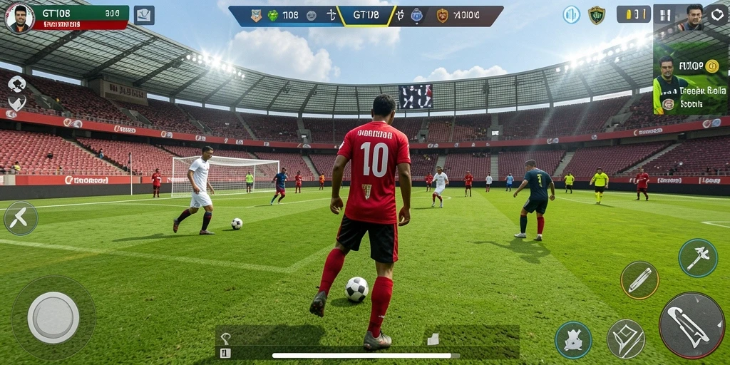 Screenshot GT108 menampilkan aksi permainan sepak bola yang intens dan mendebarkan.