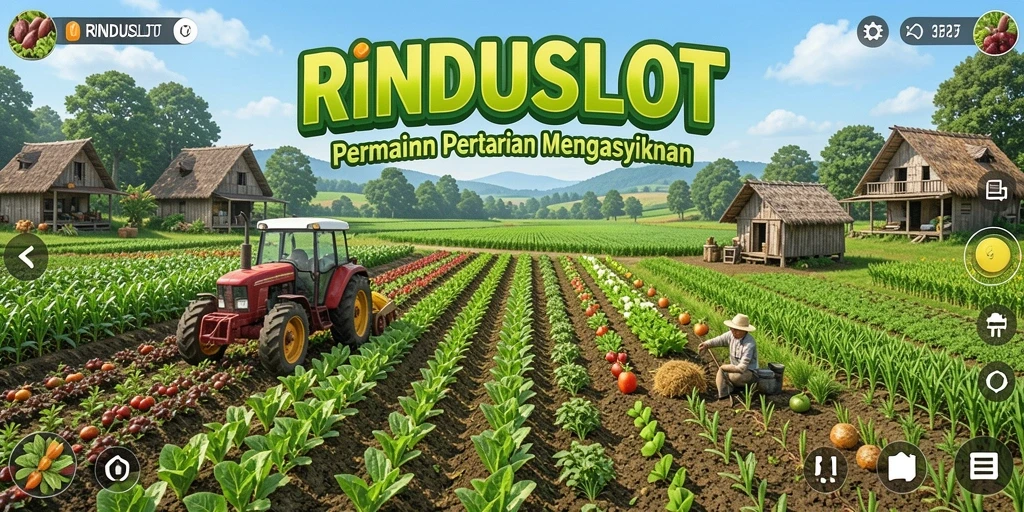 Screenshot gameplay RINDUSLOT menampilkan pertanian yang subur dan beragam tanaman.