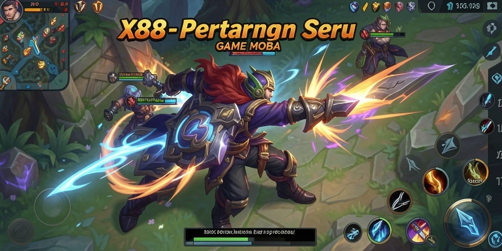 Tangkapan layar X88 menampilkan aksi pertarungan MOBA yang menegangkan.